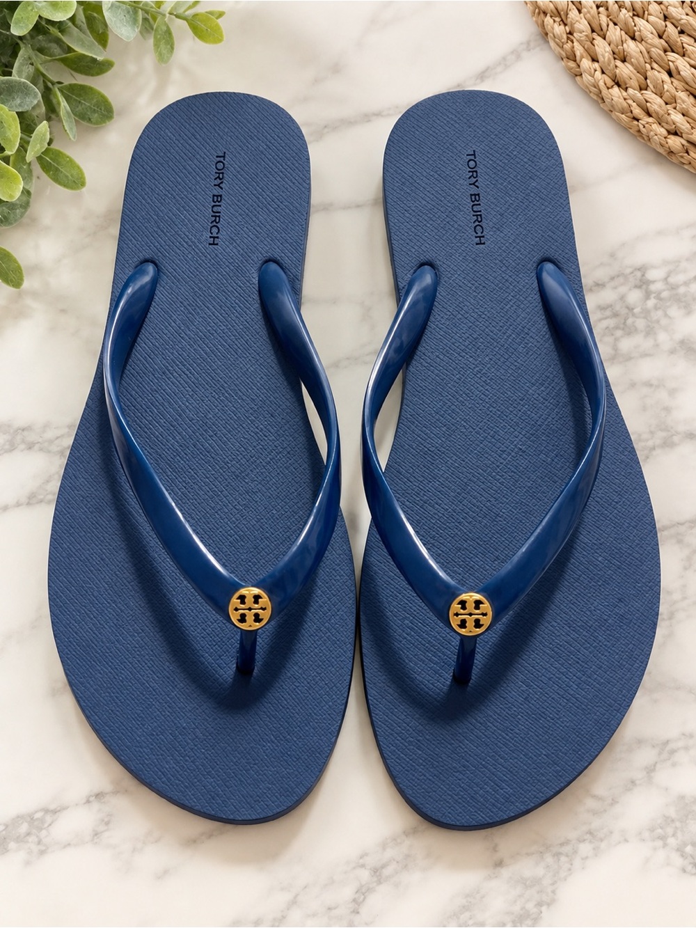 Tory Burch Blue Miller Logo Flip Flops